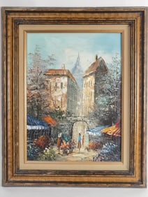 Street Scene Oil Painting on Canvas, Signed Salaza