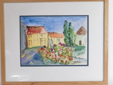 Courtyard Watercolor Painting, Signed Sacha