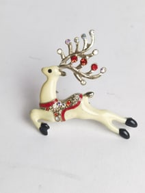 Costume Enameled Rhinestone Deer Brooch