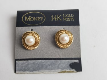 Pr. of Monet 14K Gold Posts Faux Pearl Earrings