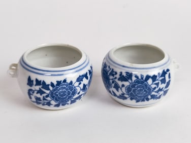 Pr. of Chinese Porcelain B&W Bird Feeders