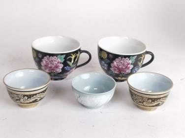 (5) Chinese Porcelain Famille Noir/Glazed Cups
