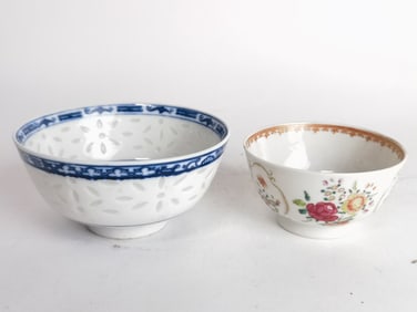 (2) Chinese Porcelain B&W and Famille Rose Bowls