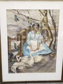 Vintage Maiden and Goose Watercolor, Signed
