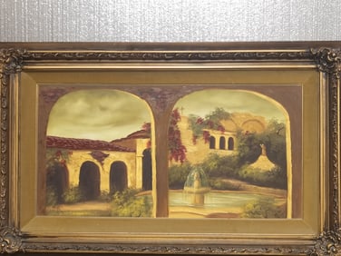 Vintage Courtyard Oil Painting, Signed
