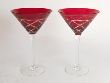 (2) Vintage Ruby Cut-to-Clear Martini Glasses