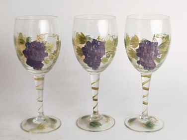 (3) Vintage Hand Painted Grape Vine Wine Glasses