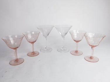 (4) Pink Hand Carved Wine Glasses and (2) Clear Gl