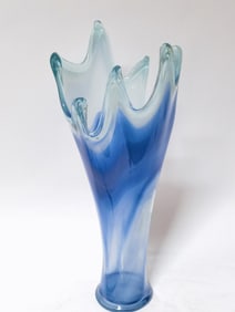 Large Blue and Clear Art Glass Vase