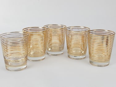 (5) Vintage Gold Striped Glass Whiskey Glasses