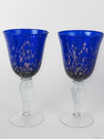 (2) Vintage Galls Art Cobalt Blue Wine Glasses