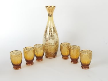 Vintage Gilt Amber Glass Decanter Set