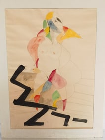 Vintage Abstract Nude Watercolor Painting, Signed