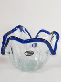 Murano Italy White Cristal Blue Rim Glass Bowl