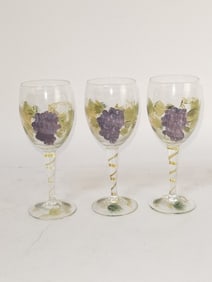 (3) Hand Painted Grape Wine Glasses