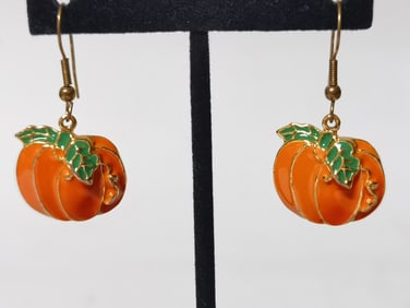 Gold Tone Costume Enameled Pumpkin Earrings