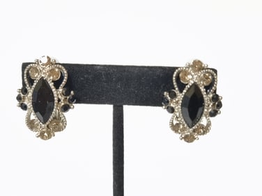 Silver Tone Costume Black Rhinestone Ear Clips
