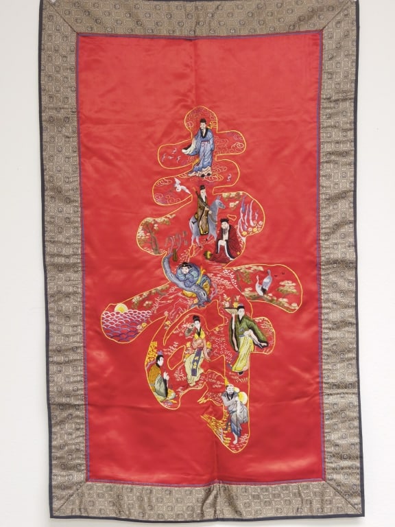 Chinese Eight Deities Longevity Embroidery on Red: Chinese Eight Deities Longevity Embroidery on Red Silk, 35in by 21.5in