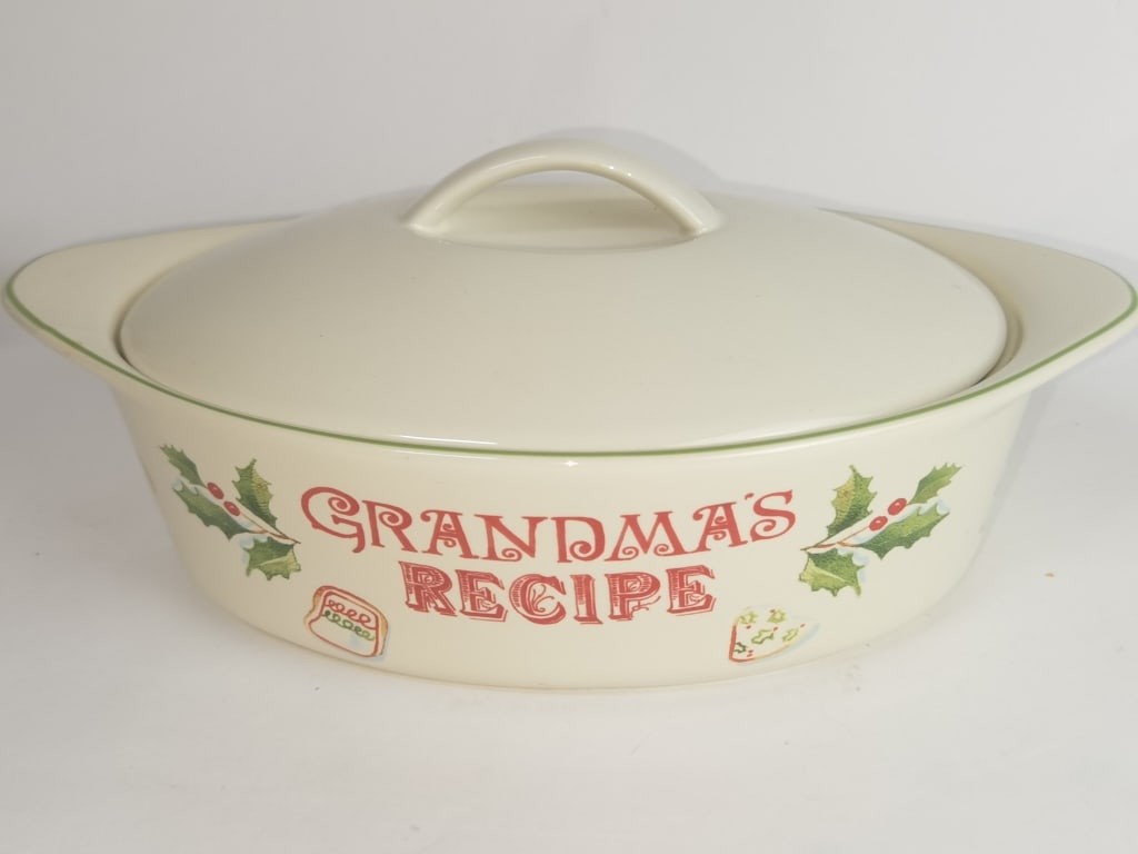 Lenox Porcelain Holiday Grandma's Recipe Covered B: Lenox Porcelain Holiday Grandma's Recipe Covered Bowl, 5in by 12.5in