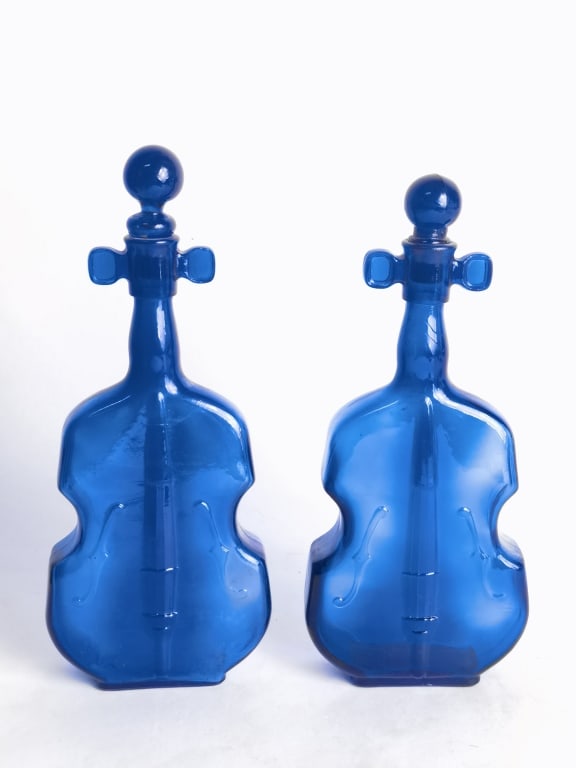 (2) Vintage Cobalt Blue Art Glass Violin Bottles: (2) Vintage Cobalt Blue Art Glass Violin Bottles, 8.75in