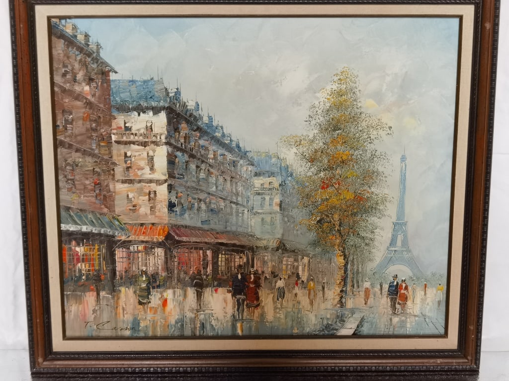 French Street Scene Oil Painting by T. Carson: French Street Scene Oil Painting by T. Carson, 23.5in by 28in