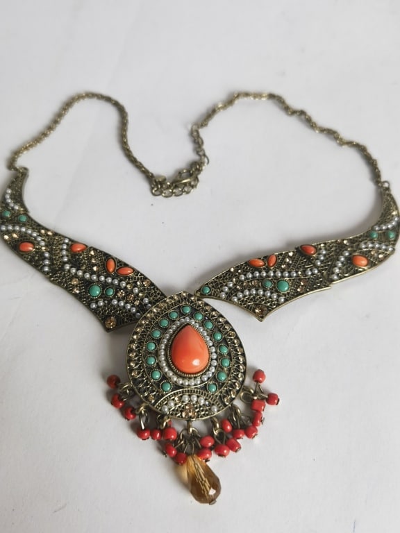 Chinese Tibetan Turquoise/Coral Silver Necklace: Chinese Tibetan Turquoise/Coral Silver Necklace, 9in