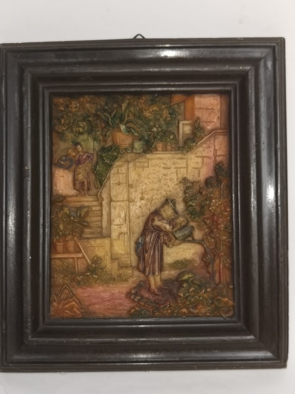 Vintage German Carved Polychromed Wax Plaque (1 of 3)