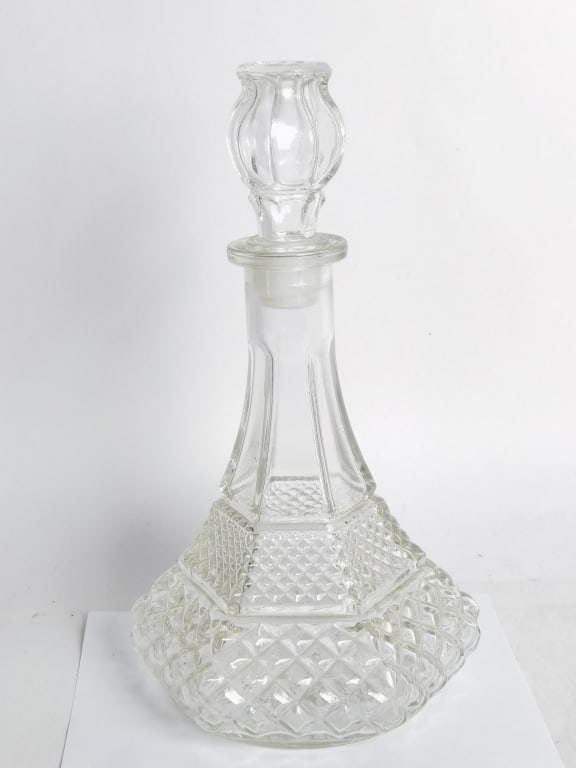 Vintage Diamond Cut Glass Decanter: Vintage Diamond Cut Glass Decanter, 12in