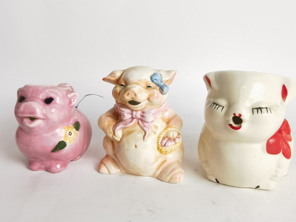 (3) Vintage Porcelain Pig Pitchers: (3) Vintage Porcelain Pig Pitchers, 5in by 6in