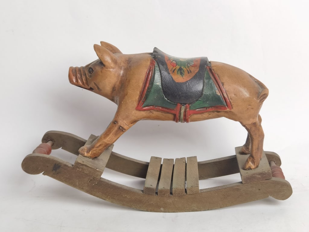Vintage Wooden Rocking Pig Rocker Folk Art: Vintage Wooden Rocking Pig Rocker Folk Art, 8.5in by 13.25in