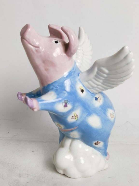 Vintage Porcelain Flying Pig Piggy Bank: Vintage Porcelain Flying Pig Piggy Bank, 8.75in