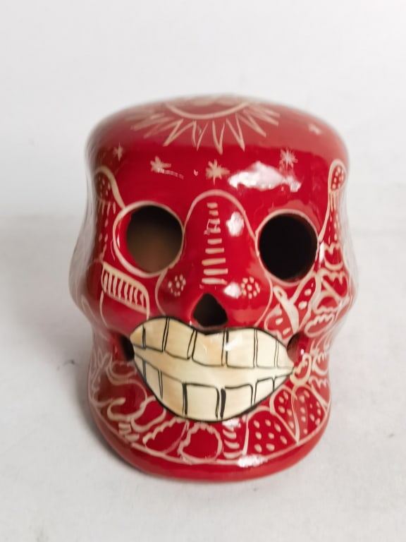 Vintage Day of the Dead Hand Painted Red Skull: Vintage Day of the Dead Hand Painted Red Skull, 3.25in