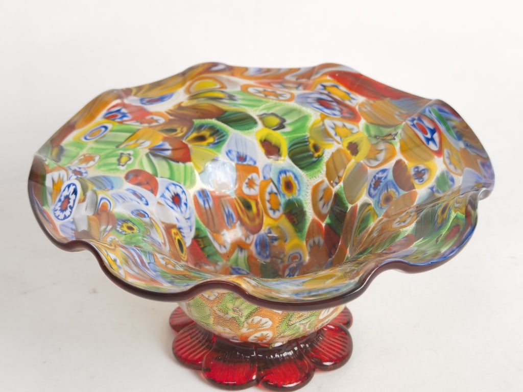 Vintage Murano Italy Milleflori Glass Footed Bowl: Vintage Murano Italy Milleflori Glass Footed Bowl, 2 5/8in by 5.5in
