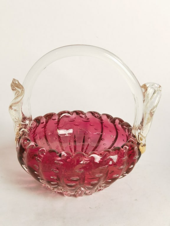 Vintage Murano Italy Cranberry/Gold Bubble Glass B: Vintage Murano Italy Cranberry/Gold Bubble Glass Basket, 5.75in by 6in