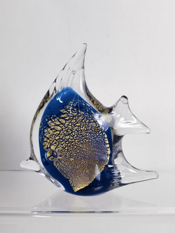 Vintage Murano Italy Blue/Gold Glass Fish: Vintage Murano Italy Blue/Gold Glass Fish, 4in by 3.75in