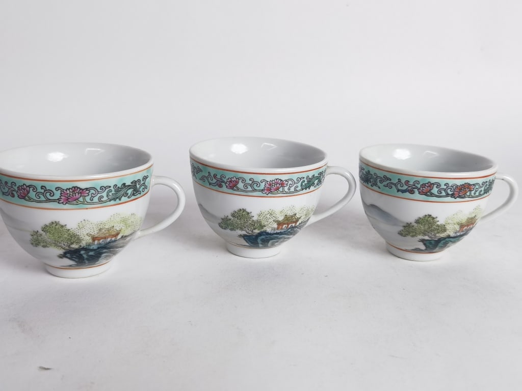 (3) Chinese Porcelain Famille Rose Tea Cups: (3) Chinese Porcelain Famille Rose Tea Cups, 2.25in by 3.5in