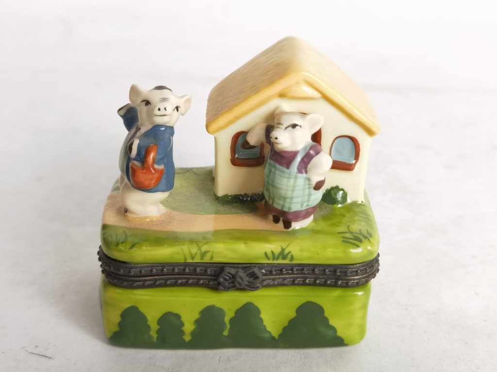 Vintage Porcelain Pigs and Cottage Trinket Box: Vintage Porcelain Pigs and Cottage Trinket Box, 3in by 2.5in