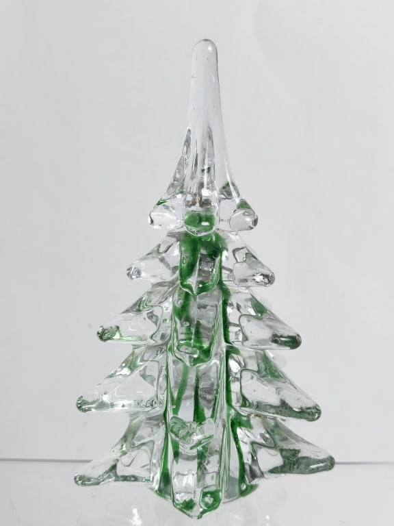 Vintage Murano Italy Green/Clear Glass Christmas T: Vintage Murano Italy Green/Clear Glass Christmas Tree, 5.75in