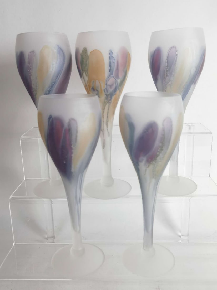 (5) Vintage Reuven Art Nouveau Wine Glasses: (5) Vintage Reuven Art Nouveau Wine Glasses, 8.75in