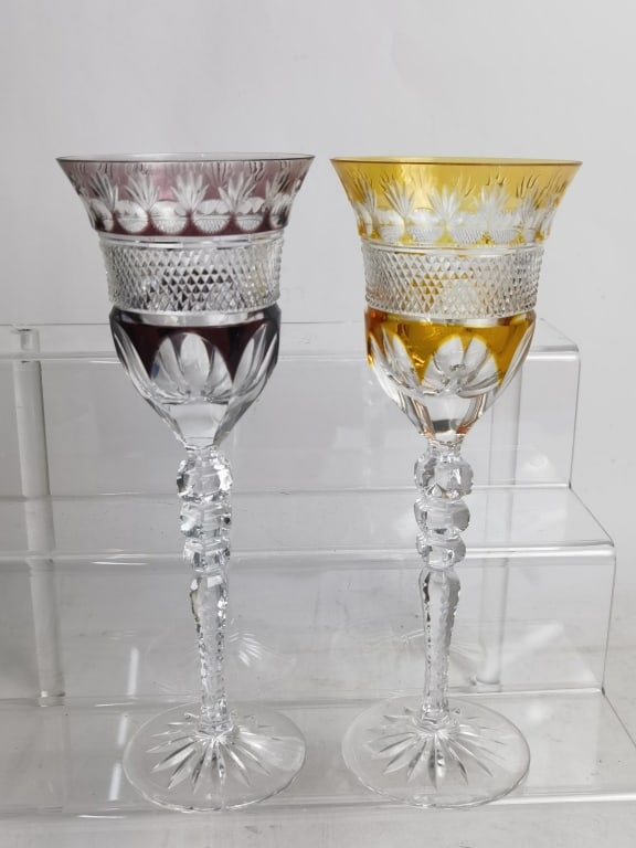 (2) Bohemian Amethyst/Amber Cut-to-Clear Wine Glas: (2) Bohemian Amethyst/Amber Cut-to-Clear Wine Glasses, 9 3/8in