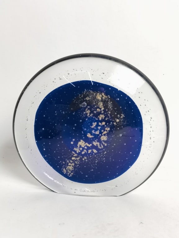 Vintage Unmarked Blue Splatter Glass Paperweight: Vintage Unmarked Blue Splatter Glass Paperweight, 2 3/8in by 7.5in