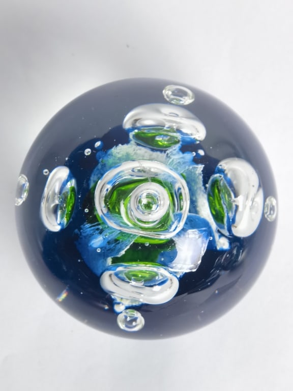 Unmarked Blue Controlled Bubble Glass Paperweight (1 of 5)