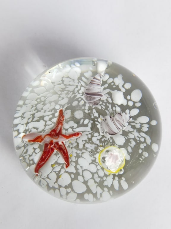 Unmarked Splatter Seashell Glass Paperweight: Unmarked Splatter Seashell Glass Paperweight, 2in by 3in