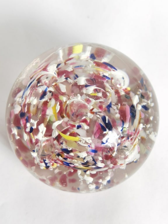 Unmarked Splatter Floral Glass Paperweight: Unmarked Splatter Floral Glass Paperweight, 2.5in by 3.25in