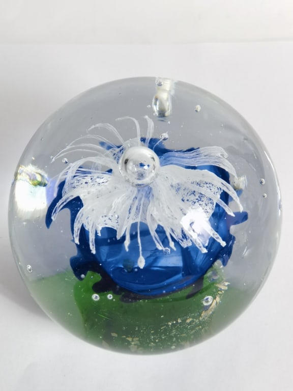 Unmarked White/Blue Bubble Glass Paperweight (1 of 5)