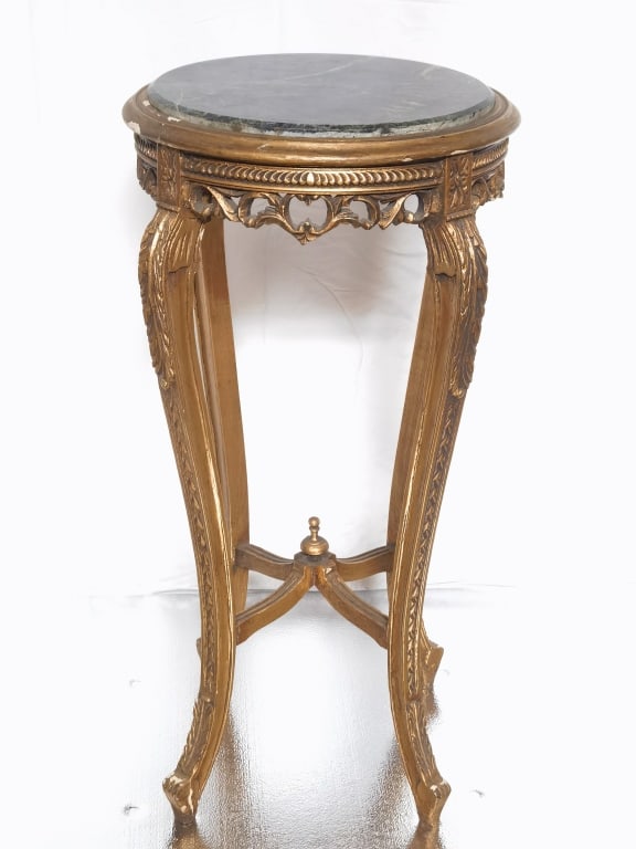 Louis XVI Style Gilt Wood Carved Marble Top Side T: Louis XVI Style Gilt Wood Carved Marble Top Side Table, 37in by 18.75in