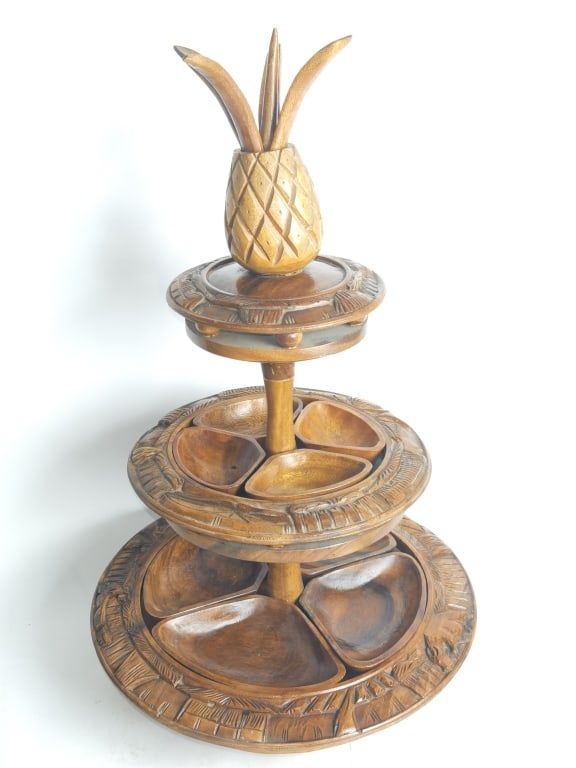 Vintage Three-Tier Hand Carved Monkey Pod Pineappl (1 of 7)