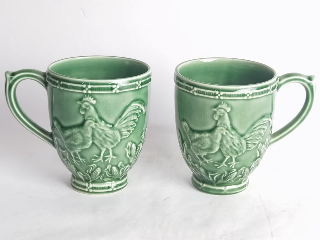 Pr. of Bordallo Pinheiro Porcelain Turkey Mugs: Pr. of Bordallo Pinheiro Porcelain Turkey Mugs, 4.75in by 5.25in