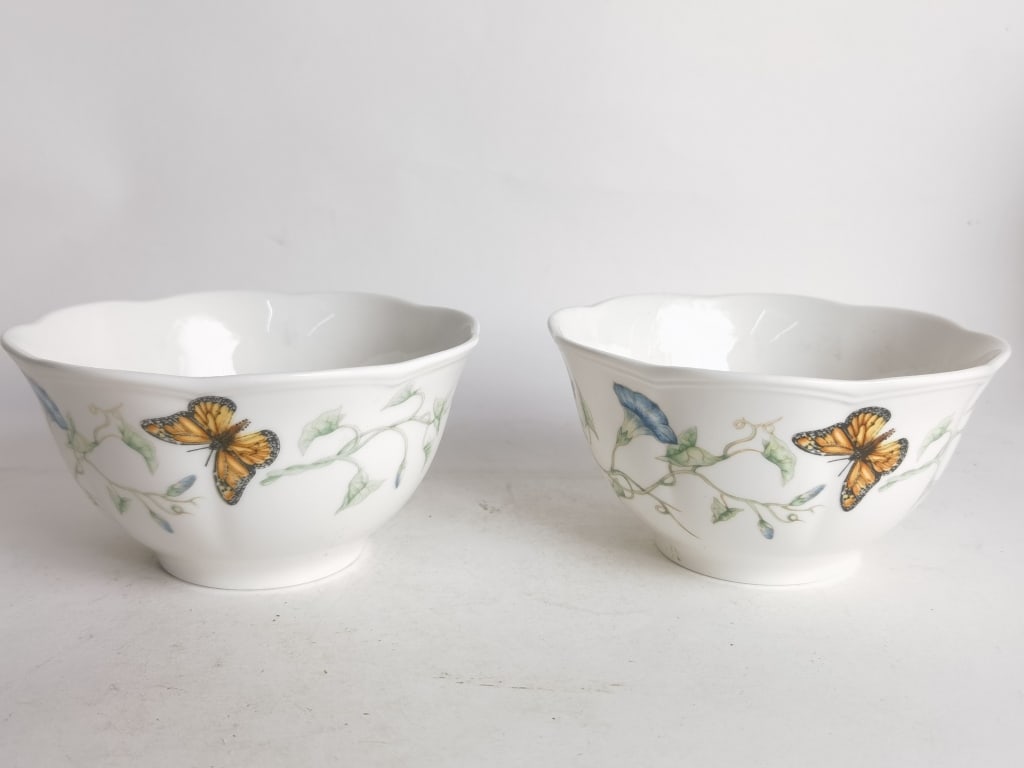 (2) Vintage Lenox Porcelain Butterfly Meadow Bowls: (2) Vintage Lenox Porcelain Butterfly Meadow Bowls, 3in by 5.75in