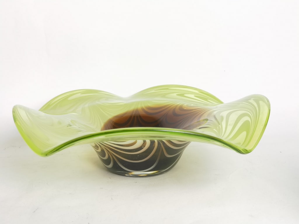 Vintage Murano Italy Green/Brown Swirl Glass Bowl (1 of 5)